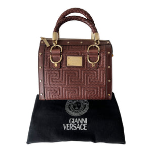 Gianni Versace Couture Brown Greca Quilt Top Handle Handbag