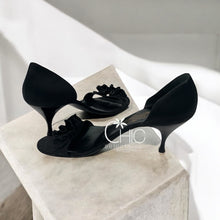SALVATORE FERRAGAMO Black Satin D'Orsay Ruffle Open Toe High Heel Pumps, Sz 8.5 2A
