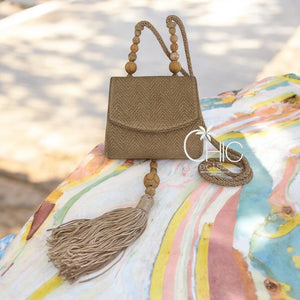 RAFAEL SÁNCHEZ Taupe suede beaded Tassel Shoulder Vintage Bag