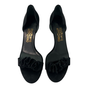 SALVATORE FERRAGAMO Black Satin D'Orsay Ruffle Open Toe High Heel Pumps, Sz 8.5 2A