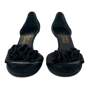 SALVATORE FERRAGAMO Black Satin D'Orsay Ruffle Open Toe High Heel Pumps, Sz 8.5 2A