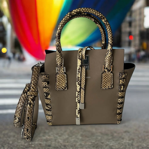MICHAEL KORS COLLECTION MIRANDA PYTHON -TRIM TOTE BAG SMOOTH LEATHER CROSSBODY HANDBAG