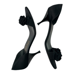 SALVATORE FERRAGAMO Black Satin D'Orsay Ruffle Open Toe High Heel Pumps, Sz 8.5 2A