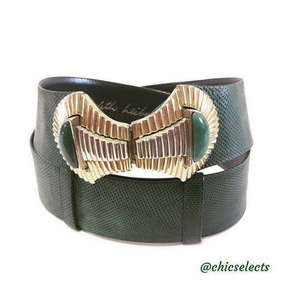 JUDITH LEIBER VTG GOLD BUCKLE W GREEN BELT. Vintage 1980s JUDITH LEIBER Gold Metal & SNAKESKIN Leather  main image 2
