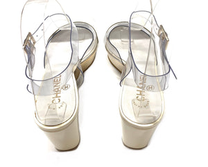 CHANEL PATENT LEATHER WITH CLEAR TRANSPARENT PVC TRIM WEDGE SANDALS 37.5