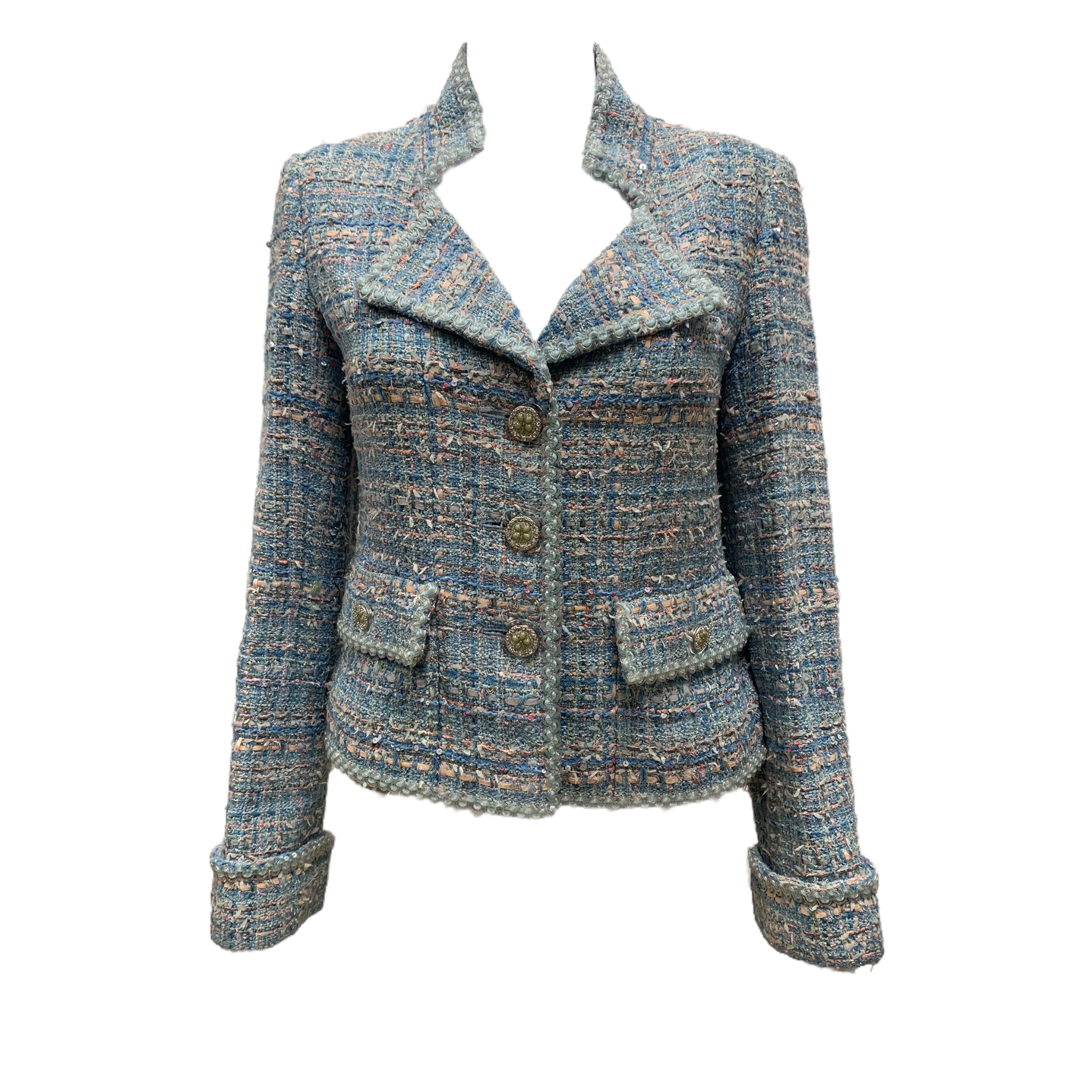 Chanel Blue Nylon and Tweed Button Front Jacket S