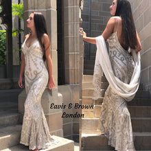 EAVIS & BROWN, LONDON BEIGE BEADED GOWN SIZE SMALL