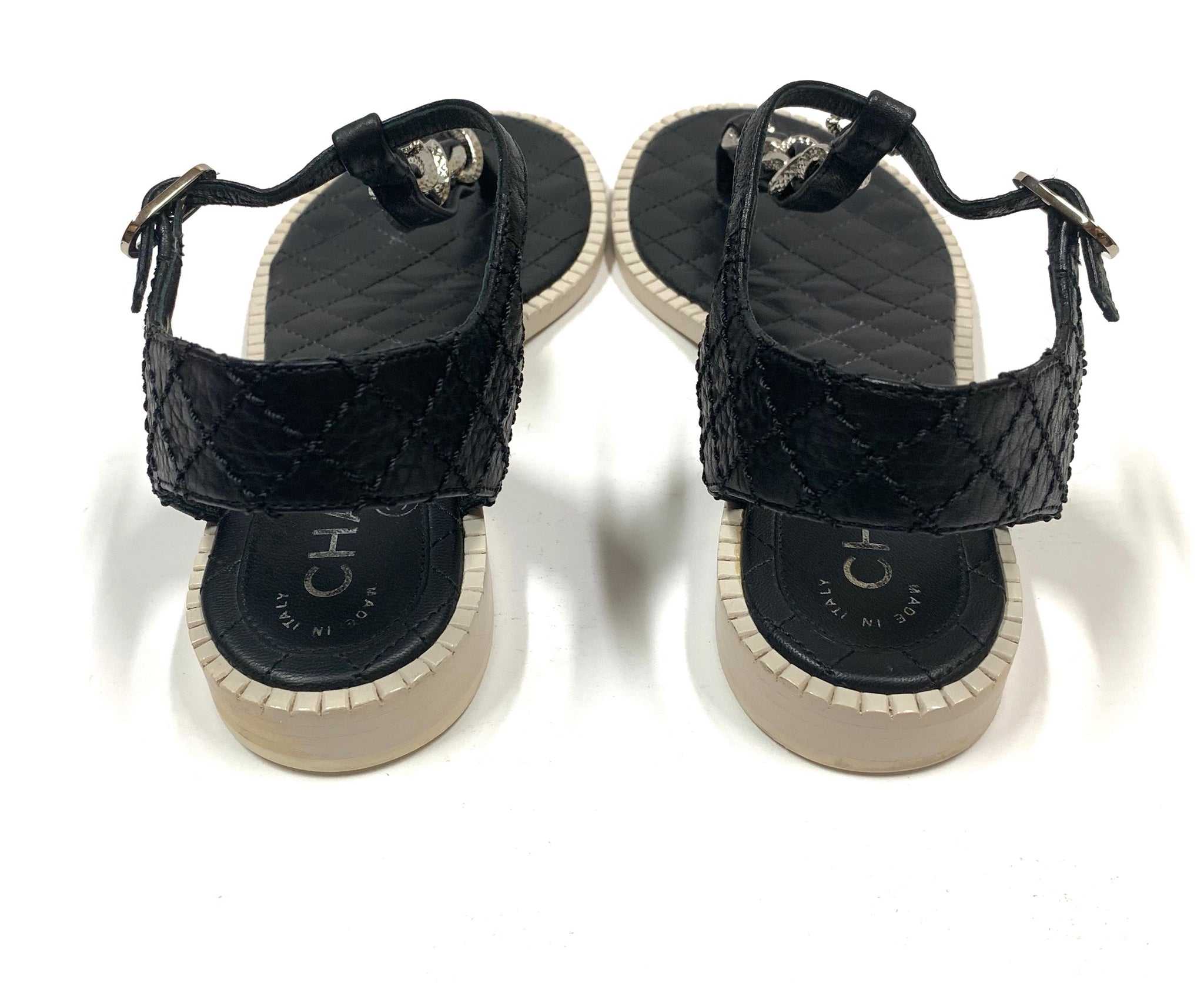 AUTHENTIC CHANEL 15P CC QUILTED CHAIN T-STRAP FLATS THONG SANDALS SIZE –  Chic Selects of Palm Beach