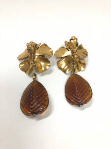 IRADJ MOINI IVORY PEARL & CARVED AMBER DROP CLIP ON EARRINGS
