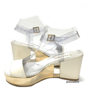 CHANEL PATENT LEATHER WITH CLEAR TRANSPARENT PVC TRIM WEDGE SANDALS 37 –  Chic Selects of Palm Beach