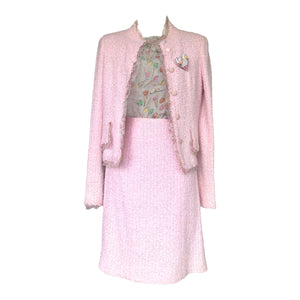 CHANEL 04C Tweed 3/ PC Skirt Suit with Ice Cream Print Blouse Silk Trim Pink Size 36