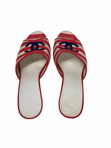 CHANEL RED/WHITE STRIPE CC CANVAS WEDGE SANDALS SIZE 39