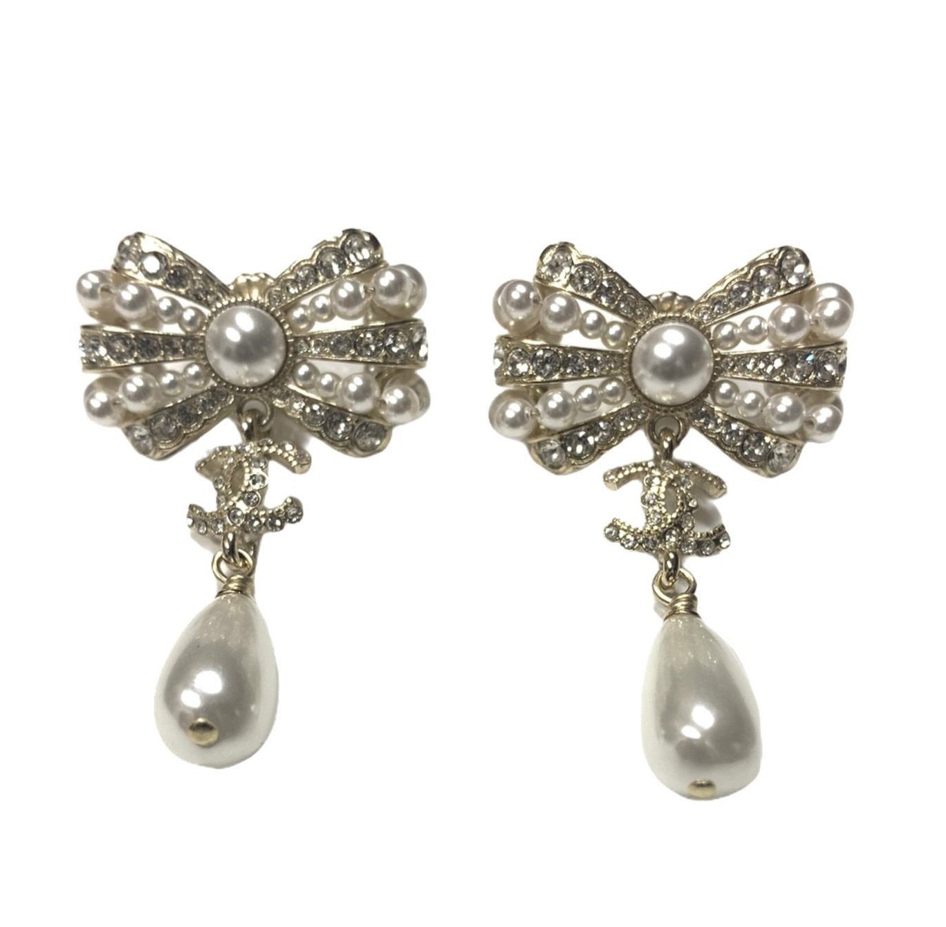 CHANEL CC Crystal Pearl Bow Drop Clip On Earrings Gold 323860