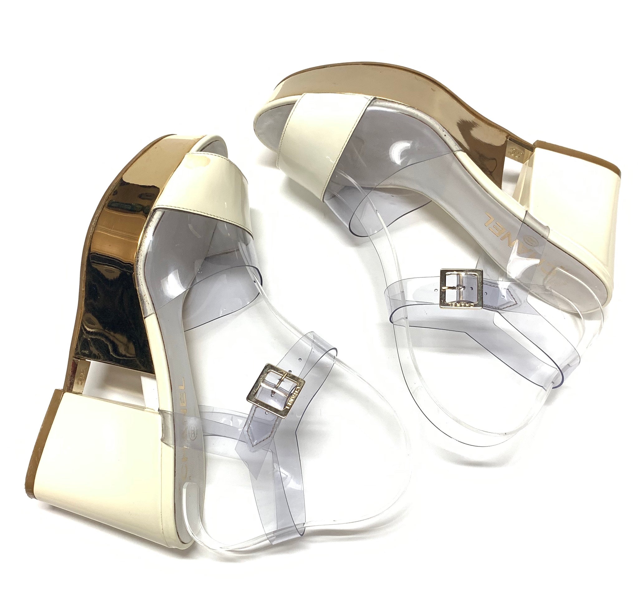 CHANEL PATENT LEATHER WITH CLEAR TRANSPARENT PVC TRIM WEDGE SANDALS 37 –  Chic Selects of Palm Beach