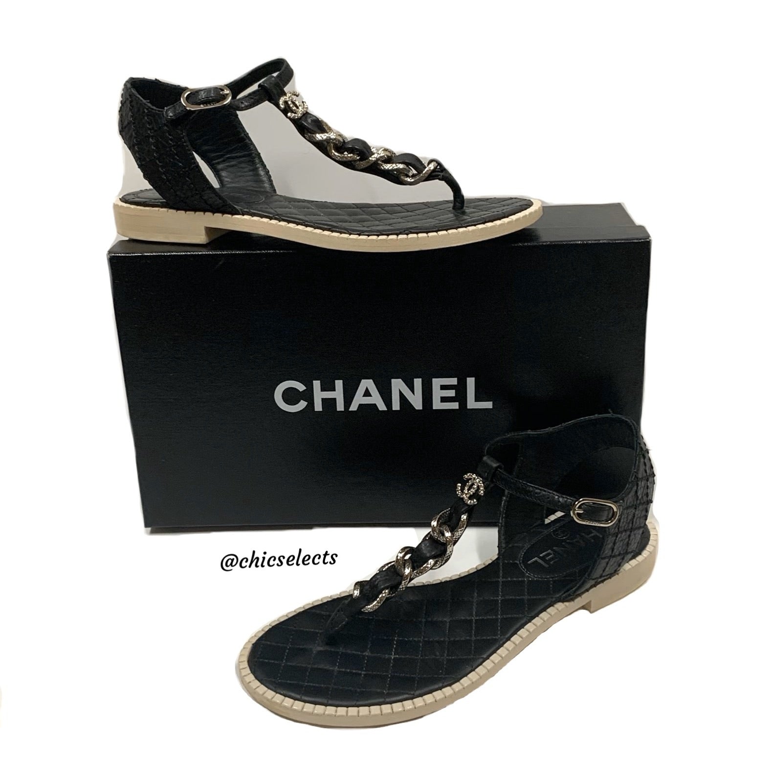 Chanel Black Leather Chain Link CC Wedge Ankle Strap Sandals Size 38