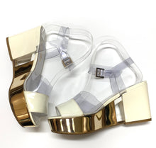 CHANEL PATENT LEATHER WITH CLEAR TRANSPARENT PVC TRIM WEDGE SANDALS 37.5
