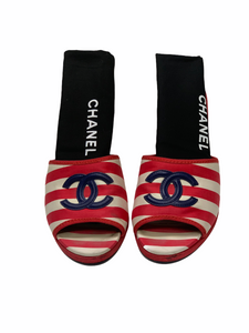 CHANEL RED/WHITE STRIPE CC CANVAS WEDGE SANDALS SIZE 39