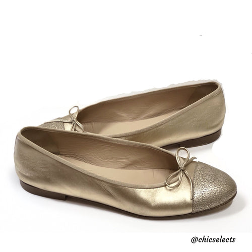 CHANEL CCCAP TOE METALLIC LEATHER BALLERINA FLATS SIZE 42